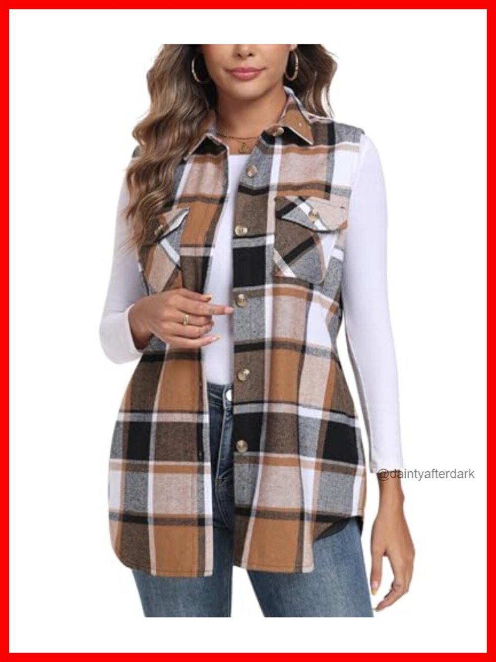 Long Flannel Plaid Vest Sleeveless Shacket Shirt with Pockets